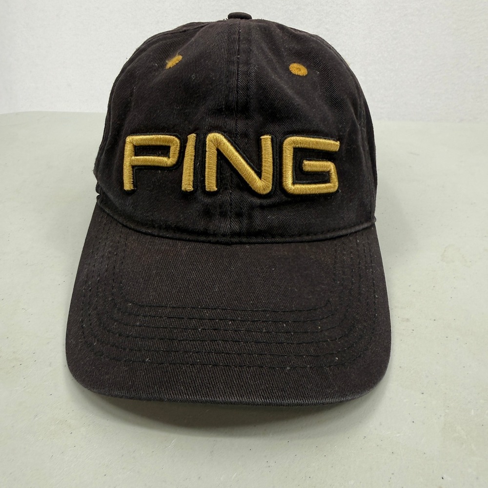 PING Golf Hat Mens OSFA Black Gold Embroidered Adjustable Strapback Cotton Cap